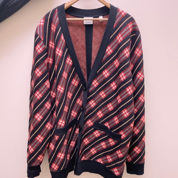 Burberry Plaid Merino Wool Blend Cardigan Red Black Bias Plaid (L) - Picture 1 of 11